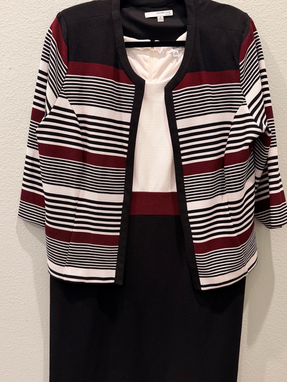 Studio One NY Black:Burgundy Striped Open Jacket Sleeveless Dress Combo Size 16